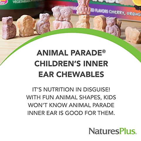 Animal Parade Suporte para Ouvido Interno Infantil – Mastigável de Cereja Natural – 90 Comprimidos em Formato de Animais – Probiótico – Sem Glúten – 45 Porções - Natures Plus