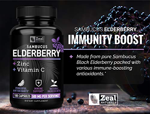 Cápsulas de Sabugueiro Max Strength com Zinco e Vitamina C | 500mg para Suporte ao Sistema Imunológico com Sabugueiro Negro Sambucus | 100 Unidades | Suporte Imunológico 3 em 1 para Adultos - Zeal Naturals