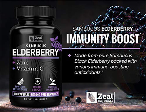 Cápsulas de Sabugueiro Max Strength com Zinco e Vitamina C | 500mg para Suporte ao Sistema Imunológico com Sabugueiro Negro Sambucus | 100 Unidades | Suporte Imunológico 3 em 1 para Adultos - Zeal Naturals