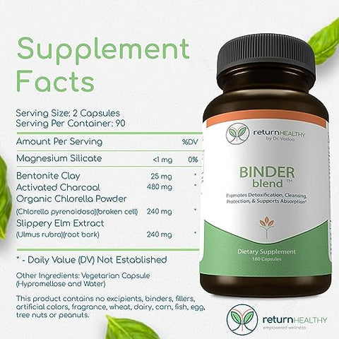 Return Healthy - Binder Blend – Cápsulas Detox para um Intestino Saudável – 180 Cápsulas – 90 Porções – 960mg Carvão Ativado
