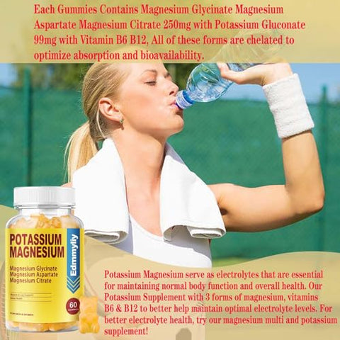 Edmmyliy - Suplemento de Gomas de Potássio e Magnésio para Adultos Alta Absorção Gluconato de Potássio 99mg Citrato de Magnésio 250mg com Vitamina B6 B12 Suporta Humor, Energia, Relaxamento Muscular