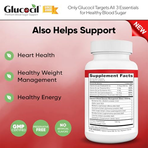 Cápsulas Vegetarianas Premium para Suporte Saudável de Açúcar no Sangue – Com Berberina, Folha de Amora Proprietária e Mais – 3 Essenciais para Açúcar no Sangue – Novo - Glucocil