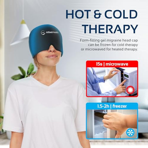 AllSett Health - Migraine Relief Cap Ice Head Wrap | Headache and Migraine Hat | Hot/Cold Gel Head Ice Pack with Face and Eye Headache Mask Compress Black | 100g