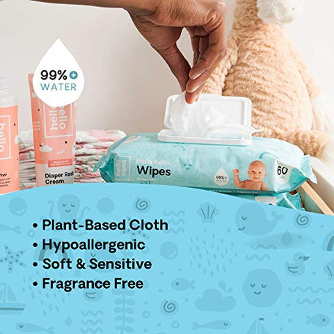 Lenços Umedecidos para Bebês I Lenços à Base de Plantas para Pele Sensível Feitos com 99% de Água e Aloe Vera I Sem Perfume I 360 Unidades (6 Pacotes de 6) - Hello Bello
