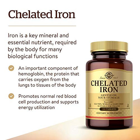 SOLGAR - Solgar – Comprimidos de Ferro Quelato 100 Unidades, Estimula a Produção de Células Vermelhas do Sangue