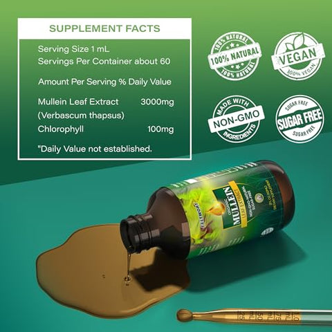 feltwort - Gotas de Mullein – Limpeza Pulmonar – Extrato de Folha – Poderoso Mullein para Suporte Imunológico e Desintoxicação – 30ml