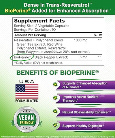 Resveratrol Natural com Extrato de Vinho Tinto – 180 Cápsulas – Suplemento Antioxidante Trans Resveratrol para Saúde do Coração Puro – Extra Forte - aSquared Nutrition
