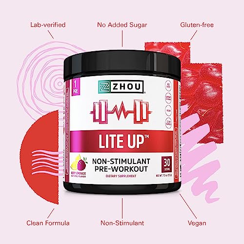 ZHOU - Zhou Nutrition Lite Up: Pó pré-treino sem estimulantes, impulsionador de óxido nítrico sem cafeína, sem adição de açúcar, vegano, sem glúten, não transgênico, sabor limonada de frutas vermelhas, 210g