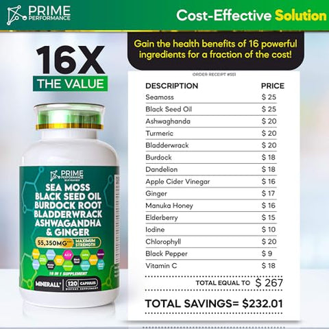 Prime Performance Nutrition - Sea Moss 13300mg Óleo de Semente Preta 13300mg Bladderwrack 2660mg Bardana 2660mg Ashwaghanda 1330mg Cúrcuma 1330mg com Gengibre Sabugueiro Vitamina C ACV Suplemento de Clorofila