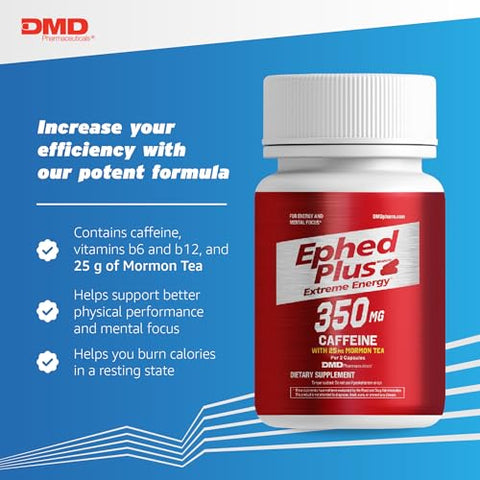 PEPTIME Energy - Ephed Plus Extreme Energy com Chá Mórmon, 350 mg de Cafeína e Vitaminas B6 e B12 – 100 Cápsulas