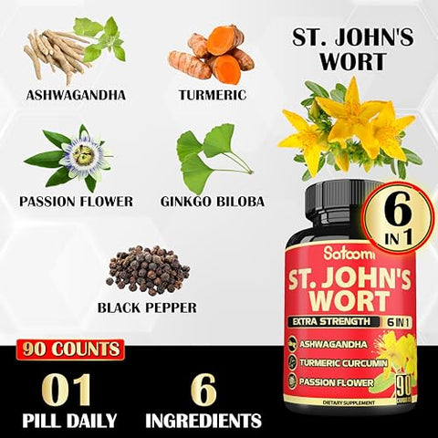 Cápsulas de Hipérico 5050mg – 90 Cápsulas Vegetais 3-Meses de Fornecimento – Raiz de Ashwagandha, Raiz de Cúrcuma, Flor de Maracujá - Satoomi