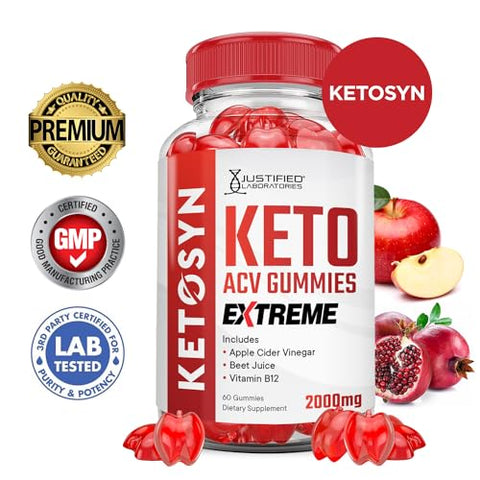 Justified Laboratories - Ketosyn Keto Gummies Extreme 2000MG ACV – Maçã, Romã e Beterraba – B12 Vegan Non GMO 60 Gummys