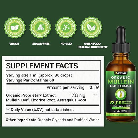 vivcmin - Gotas de Mullein para os Pulmões – Limpeza Pulmonar, Extrato Orgânico de Folha de Mullein para Desintoxicação | Marca: Mullein Drops