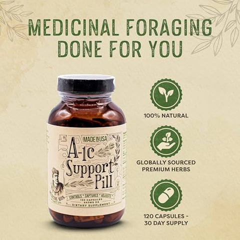 Medicine Man Plant Co - A-1C Support 120 Cápsulas – Natural e Orgânico com Melão Amargo, Manjericão Sagrado e Extrato de Aloe Vera – Não-OGM e Fórmula Herbal