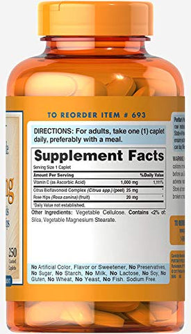 Puritan's Pride - Puritan’s Pride 1000 mg com Bioflavonoides Rose Hips – Suporte ao Sistema Imunológico, Vitamina C, Sem Sabor, 250 Comprimidos