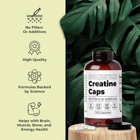 Santa Cruz Paleo - Santa Cruz Cápsulas de Creatina Paleo, Suporte ao Crescimento Muscular, Sem Glúten, Keto, Sem Açúcar, Paleo, Sem Preenchedores ou Aditivos, Comprimidos de Monoidrato de Creatina 2500mg por Porção, 100