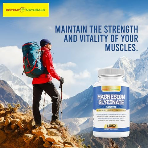 POTENT NATURALS - Magnésio Glicinato 400mg 180 Comprimidos – Fórmula de Absorção Suave Não Laxante – Suplemento Mineral Amigável ao Glúten e Não Transgênico para Homens – Testado por Terceiros, Sem Preenchedores