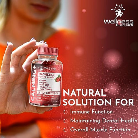 WELLNESS LABSRX - Gomas de Magnésio Glicinato – 1000 mg – Suporte para Relaxamento, Alívio do Estresse, Saúde do Coração – Gomas Mastigáveis de Magnésio para Adultos – Sabor Morango