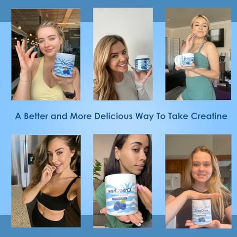 CreaChew - Gummies de Creatina Monohidratada Melhorada com 5g, Veganos, Sem Glúten, Não-OGM, Sabor Framboesa Azul – Gummies de Creatina Monohidratada para Homens e Mulheres