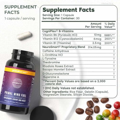 Primal Harvest - 2 Pack, Primal Mind Fuel Brain Booster – Foco, Energia, Clareza, Memória – Saúde Cerebral – 30 Cápsulas – Nootrópicos – Suporte Cerebral para Homens e Mulheres
