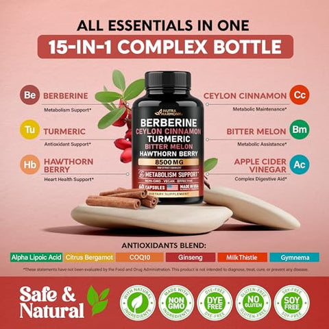 NUTRAHARMONY - Berberine com Canela do Ceilão 10000 mg com Vinagre de Maçã | Espinheiro | Bergamota Cítrica | Melão Amargo – Suplemento 15 em 1 para Suporte Cardíaco e Metabolismo