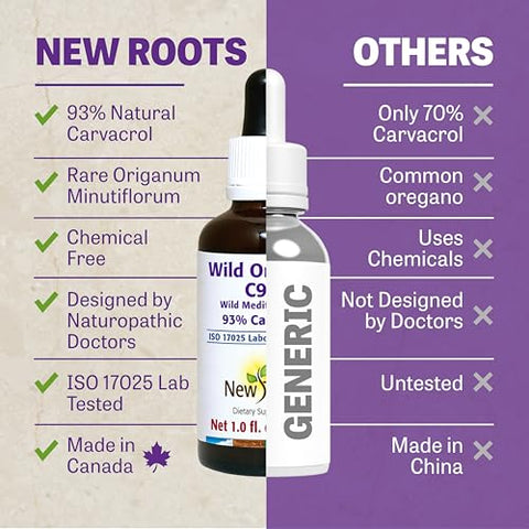 NEW ROOTS HERBAL - New Roots | Óleo de Orégano Selvagem | 93% Carvacrol Gotas Líquidas de Orégano (30 ml) | Suporte Imunológico | Maior Concentração de Carvacrol | Livre de Álcool, Não Transgênico, Vegano