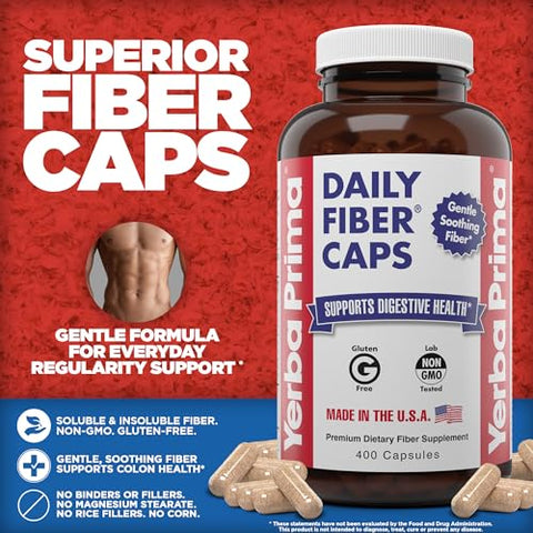 Daily Fiber Caps Formula 400 Cápsulas (Pacote com 2) – Fibra Solúvel/Insolúvel com Casca de Semente de Psyllium, Goma de Acácia, Suplemento de Fibra de Maçã - Yerba Prima