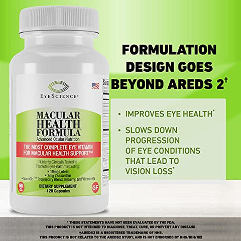 EyeScience - Fórmula Avançada de Saúde Macular Além do AREDS2 – Vitaminas Oculares Avançadas com Luteína, Zeaxantina, Mirtilo e Vitaminas C, D, E e B6 (Fornecimento de 60 Dias)