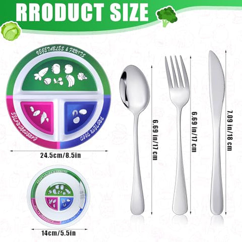 Singhoow - Conjunto de 4 Pratos Tigelas de Controle de Porção com 2 Pares de Talheres em Aço Inoxidável – 8.5 Polegadas – Prato Dividido Automedidor para Dieta e Perda de Peso – Alimentação Equilibrada para Adultos