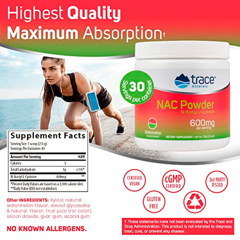 Pó de NAC com Aminoácidos N-Acetil L-Cisteína | 600 mg para Apoiar o Sistema Imunológico e o Funcionamento Normal do Fígado e dos Rins | Sabor Natural de Melancia | 30 g - Trace Minerals