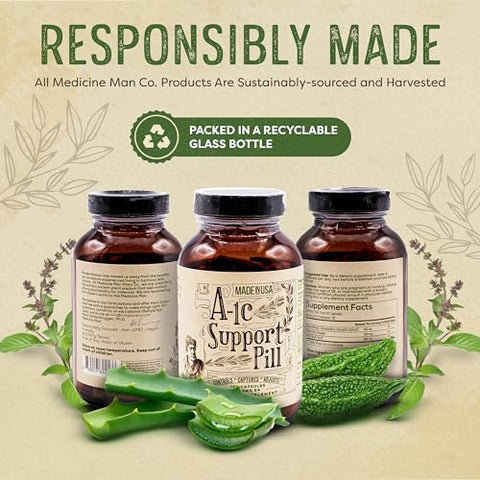 Medicine Man Plant Co - A-1C Support 120 Cápsulas – Natural e Orgânico com Melão Amargo, Manjericão Sagrado e Extrato de Aloe Vera – Não-OGM e Fórmula Herbal
