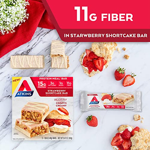 Barra de Proteína Sabor Morango, Alto Teor de Fibras, 1g Açúcar, 3g Carboidratos Líquidos, Substituto de Refeição Keto Amigável, 30 Unidades - Atkins