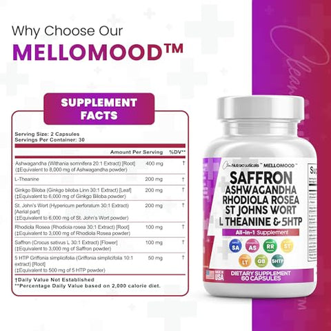 Clean Nutraceuticals - Clean Saffron Supplements com Ashwagandha 8000mg – Suporte ao Humor com L-Theanine 200mg, Ginkgo Biloba 6000mg, Hipérico 6000mg, Rhodiola Rosea 3000mg