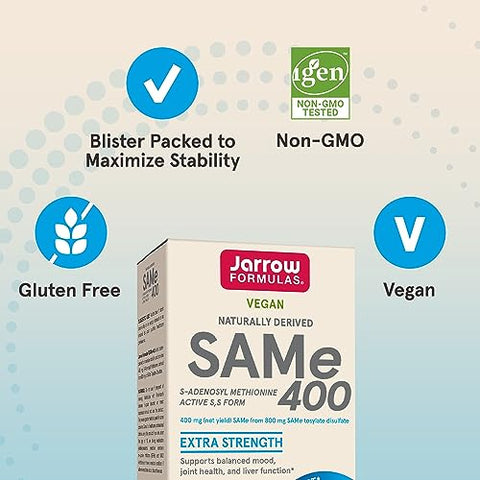 SAMe 400 mg: Suporte para Articulações, Função Hepática e Metabolismo Cerebral – 60 Comprimidos (Até 60 Dias de Suprimento) - Jarrow Formulas