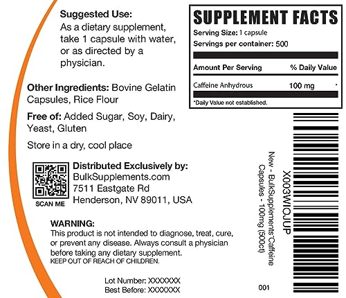 Cápsulas de Cafeína BulkSupplements.com 100mg – Suplementos de Cafeína, Comprimidos de Cafeína 100mg – para Suporte Energético, 1 Cápsula de Cafeína por Porção, 500 Cápsulas (Pacote de 1)