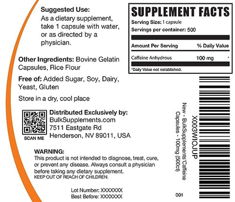 Cápsulas de Cafeína BulkSupplements.com 100mg – Suplementos de Cafeína, Comprimidos de Cafeína 100mg – para Suporte Energético, 1 Cápsula de Cafeína por Porção, 500 Cápsulas (Pacote de 1)