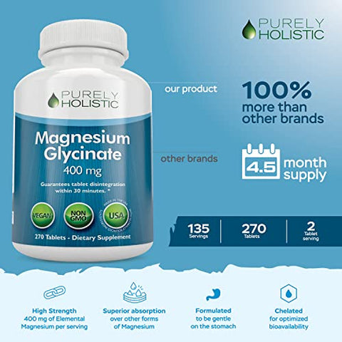 Purely Holistic - Magnésio Glicinato 400mg – 270 Comprimidos de Magnésio – 400 mg de Magnésio Elemental Vegano e Vegetariano