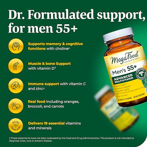 Men’s 55 Advanced Multivitamínico para Homens – Fórmula Médica – Colina, Vitamina D, Vitamina B12 – Além de Alimentos Reais – Suplemento para Saúde Cerebral de Adultos - MegaFood