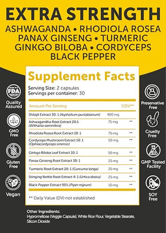 Cápsulas de Shilajit Puro 12000mg com Ashwagandha e Rhodiola – Fabricado nos EUA - Lunakai