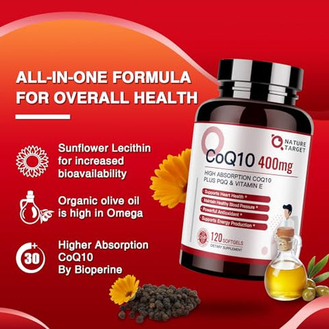 CoQ10-400mg Plus PQQ com Vitamina E – Potencialize sua saúde com antioxidantes poderosos - NATURE TARGET