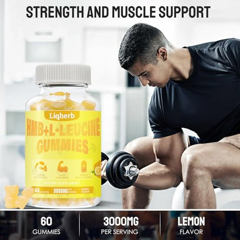 Liqherb - HMB e Leucina Suplementos 3000mg, Gomas de HMB L-Leucina para Adultos, Recuperação Muscular, Aumento, Melhora da Resistência, Não Transgênico, Vegano, Sem Glúten, 120 g