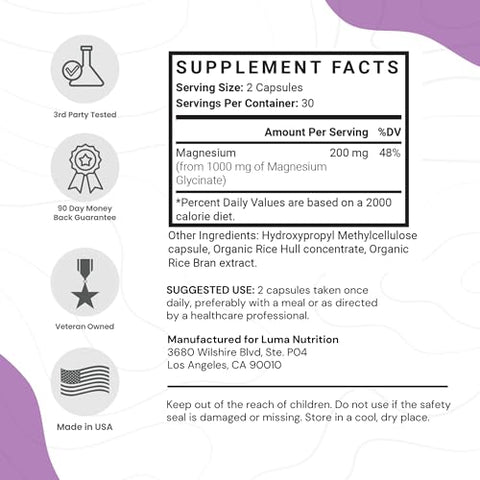 Magnésio Glicinato 1000mg (500mg por Cápsula) – Suplemento Puro de Magnésio – Quelado para Máxima Absorção – 60 Cápsulas