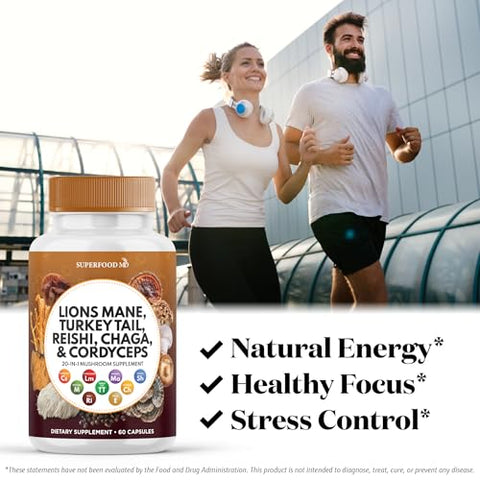 Superfood MD - Lions Mane 3000mg + Turkey Tail 2000mg + Reishi 1000mg + Cordyceps Chaga 1000mg com Raiz de Marshmallow – 180 Cápsulas