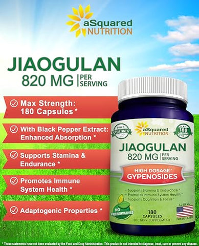Jiaogulan – 180 Cápsulas com Extrato de Pimenta Preta – Ativador AMPK de Gynostemma Pentaphyllum, Cápsulas Adaptogênicas sem Cafeína, Raiz de Ginseng do Sul – Comprimidos Engajadores e Concisos - aSquared Nutrition