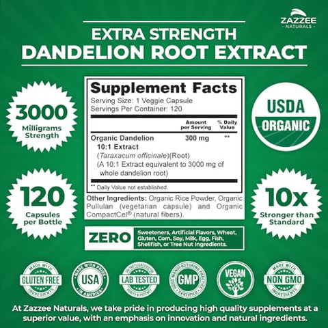 Dandelion Root Orgânico USDA 10:1 Extrato, 3000 mg Força, 120 Cápsulas, Suprimento de 4 Meses, Extrato Padronizado e Concentrado 10X, 100%% Vegetariano, Natural e Não-OGM - Zazzee