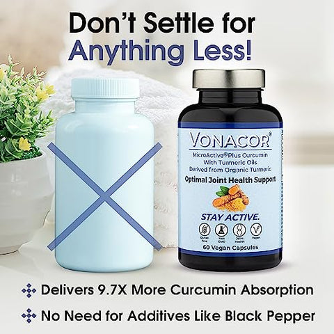 Vonacor - Curcumina MicroActive Altamente Absorvível com Extrato de Óleo de Cúrcuma 500mg para Saúde Ótima das Articulações, Vegano, Não-OGM, Sem Glúten, 60 Cápsulas Veganas