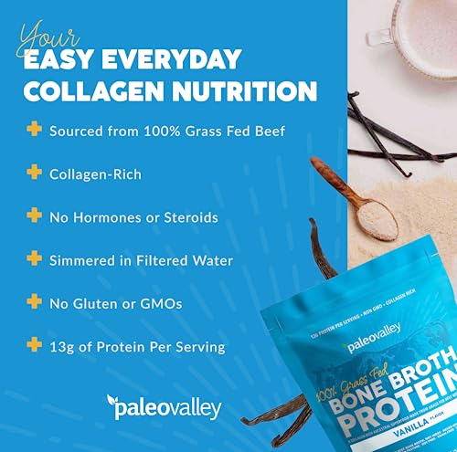 Proteína em Pó de Caldo de Osso 100%% Alimentado com Grama – Baunilha – Rico em Colágeno para Cabelo, Pele, Saúde Intestinal, Suporte Ósseo e Articular – 28 Porções - Paleovalley