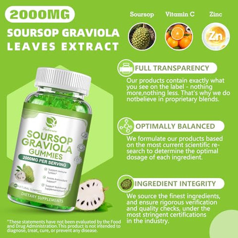 Lukaree - Soursop Graviola Gummies (2 Pacotes) – 2000mg Extrato de Folhas de Graviola com Vitamina C e Zinco – Fortalecimento Extra