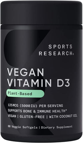 Vitamina D3 Vegana Sports Research 5000UI (125 mcg) com Óleo de Coco | Vitamina D 100% Vegetal para Ossos e Articulações