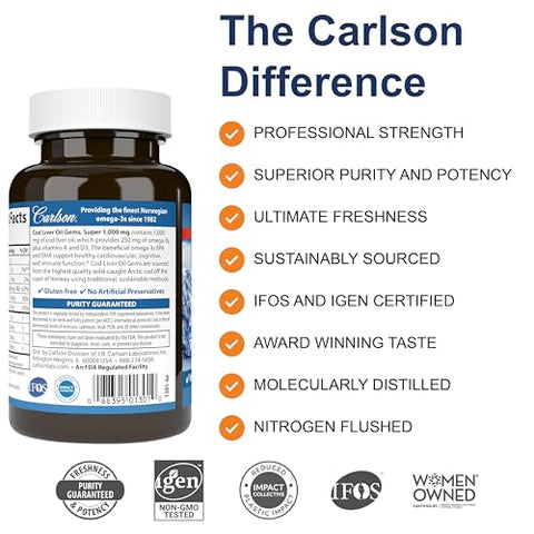 Óleo de Fígado de Bacalhau Carlson, Super 1000 mg Vitaminas A – 60 cápsulas